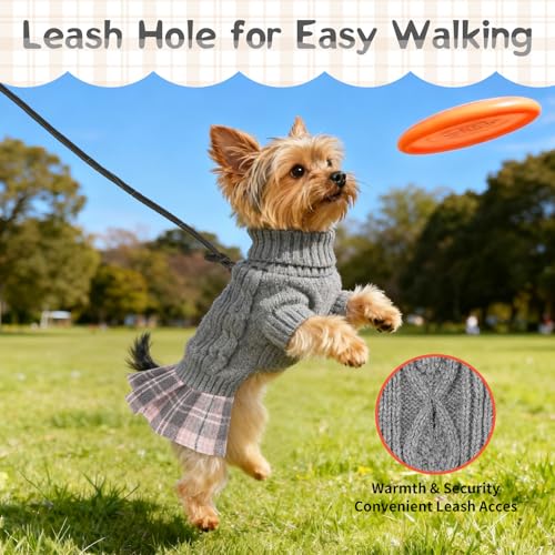 Image of Small Dog Sweater Dress with Bowtie Warm Turtleneck Girl Dog Clothes in Winter Knitted Pet Pullover for Puppy Doggie Cat Sweater for Christmas Birthday Thanksgiving (Grey, Medium)