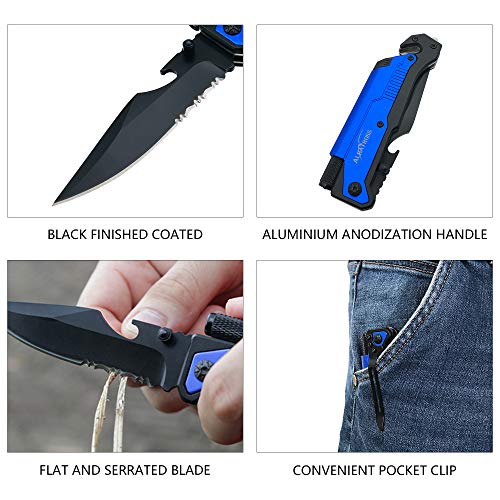 Image of ALBATROSS 6-in-1 Survival Tactical Military Folding Pocket Knives with LED Light,Seatbelt Cutter,Glass Breaker,Magnesium Fire Starter,Bottle Opener;Multi-Function Emergency Tool(Blue)