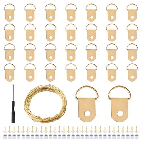 Image of Picture Hanging Kit - 10M Brass Hanging Wire, 30Pcs D Ring Picture Hangers with Screws and 30Pcs Aluminum Crimping Loop Sleeve for Wall Pictures Exhibition(Gold)