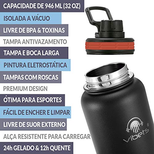 Garrafa Térmica Sport Vibets Hydro USA com Parede Dupla Isolada a Vácuo, 946 ml (Preta/Vermelha)