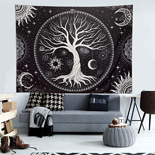 Image of Aesthetic Tree of Life Tapestry Black and White Wall Tapestry Hippie Sun Moon Star Galaxy Space Tapestries Forest Wall Hanging Decor Nature Home Decoration for Bedroom,Living Room,Dorm