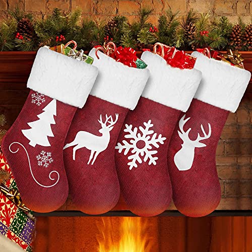 GOFOIT Christmas Stockings, 4 Pack 18" Personalized Large Christmas Stockings Santa, Snowman, Reindeer, Xmas Character Hanging Stockings with Faux Fur Cuff Party and Christmas Decorations