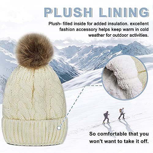 Whiteleopard Kid Beanie Hats Lining Pom Pom For Children -Slouchy Cable Knit Toddler Skull Hat Baby Ski Cap For Girls Boys (White) #TOP4
