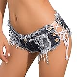 Soojun Women's Low Rise Side Straps Cheeky Mini Denim Shorts Clubwear