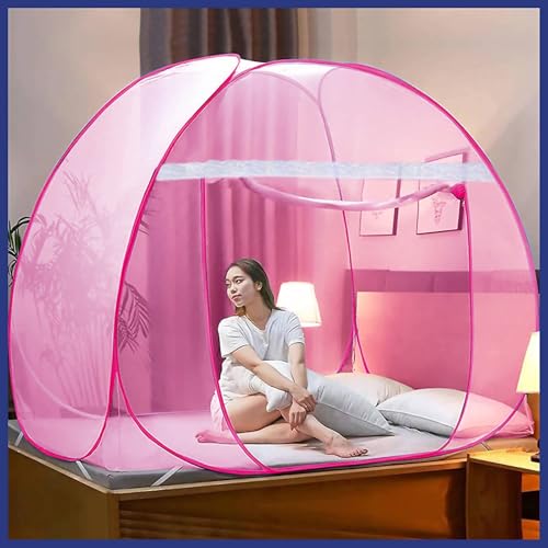 Image of Mosquito Net for Double Bed | King Size Foldable Machardani | Polyester 30GSM Strong Net |PVC Coated Corrosion Resistant Steel Wire - Blue (1, Pink)