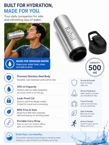 Image of Personalised Stainless Steel Water Bottle, Silver, 500ml, Leak Proof, BPA Free, Custom Name Print, Brushed Finish