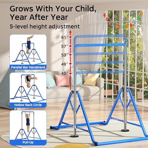 YICHIJIAN Expandable Kids Gymnastics Kip Bar, Folding Adjustable Height 45''-61'', 300LBS Weight Limit, Robust Horizontal Training Bar for Home Indoor Use, Gift for Kids Ages 3-13, Blue
