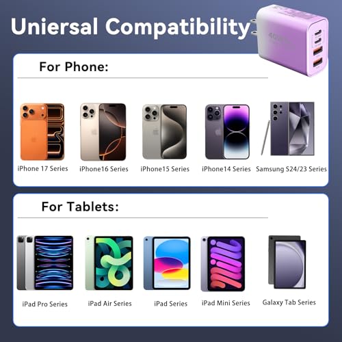 Image of USB C Wall Fast Charger Block, 40W 4-Port Type C Chargers Fast Charging Blocks PD Power Charger Adapter+QC 3.0 USB Multiport Charger Brick for Phone 17 /16 /15 /14 /13 /12 Pro Max, i-Pad, Galaxy S25-2Pack