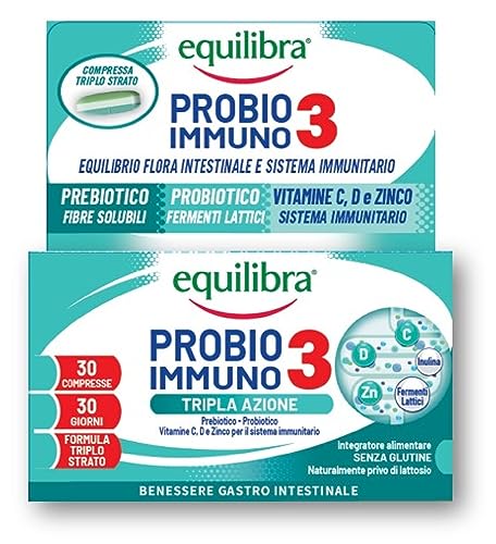Equilibra Integratori Alimentari, Probio 3 Immuno, Fermenti Lattici Probiotici e Prebiotici per Flora Intestinale con Vitamine C, D e Zinco, 30 Compresse Triplo Strato Rilascio Graduale con Pre-Taglio