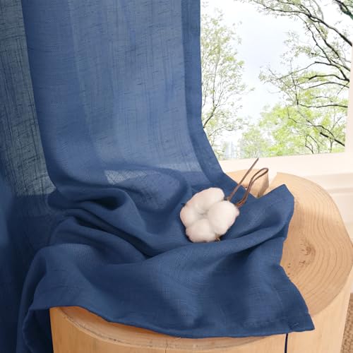 Image of BGment Linen Navy Blue Curtains 90 Inch Length for Living Room, Semi Sheer Window Drapes Lightweight for Dining Room Bedroom Decor Light Filtering with Rod Pocket, 2 Panels Set, Each 52 Inch Wide