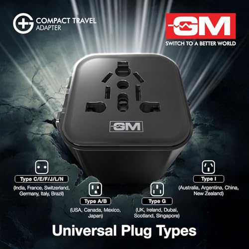 Image of GM G+ Compact Travel Adapter | Universal All-in-One Worldwide Plug (US /UK /EU /AU) | Multi-Device Charging | Smart Safety Protection | Foldable, Fire-Resistant Travel Charger for 150+ Countries - Black