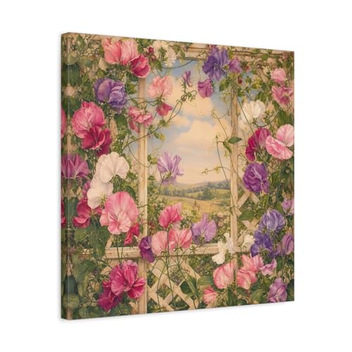 Tableau Sweet Peas rose et violet en toile 50x50 cm pour décoration murale