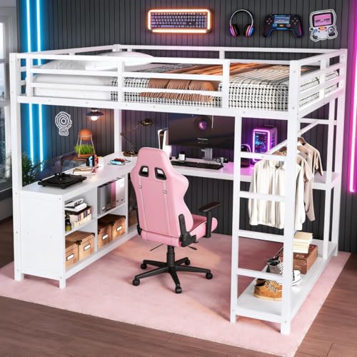 Image of Bellemave Queen loft Bed with L Desk, Wardrobe, Metal Queen Size Loft Bed Frame for Adults, Kids, Teens, White