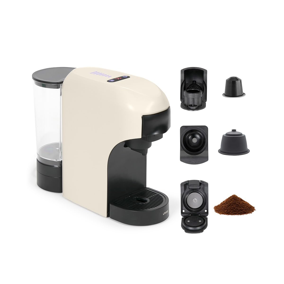 Livoo DOD217C - Cafetera multicápsulas 4 en 1 (1400 W, 20 bares, 7 niveles de volumen, compatible con Nespresso*, Dolce Gusto*, cápsulas tipo Senseo** y café molido