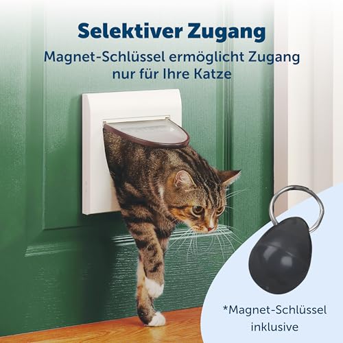 PetSafe Staywell Klassische Magnetische Katzenklappe, Magnet-Schlüssel gibt nur Ihrer Katze Zugang - hält fremde Tiere draußen, mit 4 Verschlussoptionen, für Katzen bis zu 7 kg, Weiß