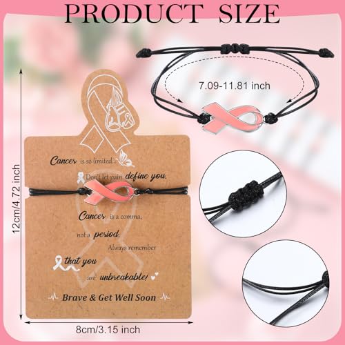 Woanger 50 Sets Breast Cancer Awareness Bracelet Pink Ribbon Adjustable Cord Bracelet with Inspirational Card for Women Girls3