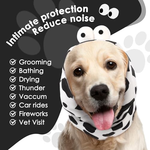 Image of SAWMONG Dog Calming Hoodie with Ear Covers for Noise, Fireworks & Anxiety Relief, No Shake Ear Wraps, Dog Ear Muffs & Protector, Pet Grooming and Force Drying, Cow, Medium