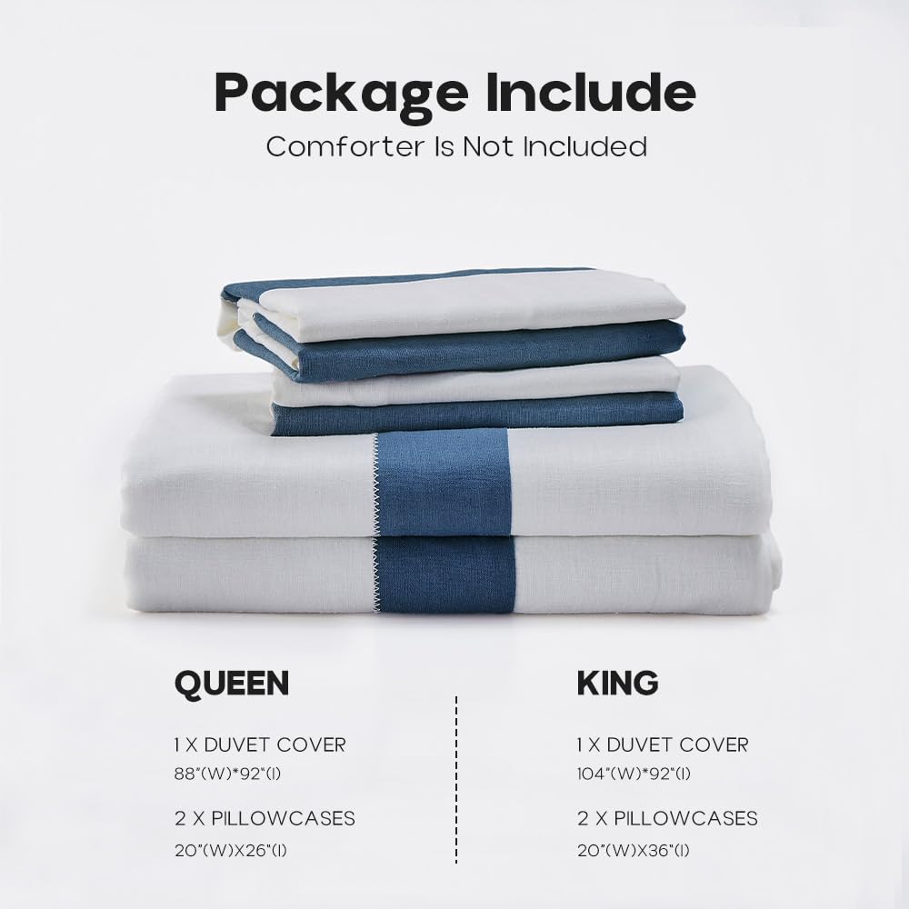 Simple&Opulence Set copripiumino in lino francese, 223,5 x 233,7 cm, 3 pezzi (1 copripiumino e 2 federe), in misto cotone naturale e lino, morbido e traspirante, con strisce (queen size, bianco e blu
