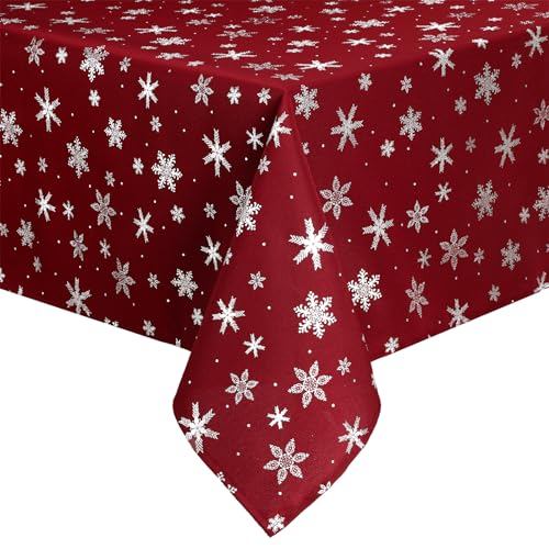 Mixweer Christmas Snowflake Tablecloth Winter Rectangle Printed Table Cover Washable Xmas Winter Table Cloths for Holiday Decorations Dinner Party Home Decor(60 x 84 Inch,Red)