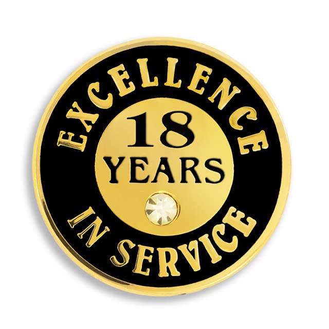 PinMart Gold Color Plated Excellence in Service Year Award Lapel Pin – Metal Enamel Workplace Reward Pin w/Rhinestone – 1-60 Years Pins for Long Standing Employees