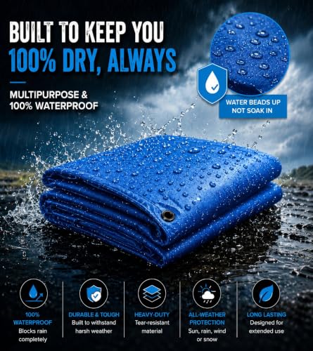 Image of Tarkka 30x30ft Blue Tarpaulin Sheet, 120 GSM Virgin Waterproof Tirpal /Tadpatri Cover with Reinforced Eyelets & UV Protection for Home, Farm & Truck, 1 Sheet