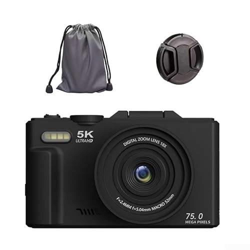 Digital Camera 5k Ultra HD with 75MP, 18X Zoom, Autofocus, 3 Inch Flip Screen and WIFI for Enhanced Photography and Live Streaming (Black)
