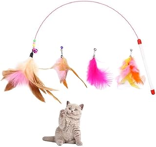 Cat Feather Toy, Cat Toys Wand, Bundle of 5 Pack Interactive Pet Cat Kitten Chaser Teaser Wire Wand with Bell Beads for Cat Exercise Play Fun Gifts