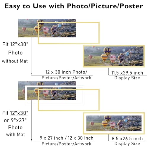 Image of JCJMY 12x30 Picture Frame with 9x27 Mat, Display Photo 9x27 with Mat or 12 x 30 Without Mat, Wall Hanging Large 12 by 30 Poster Frame with Plexiglass, Gold