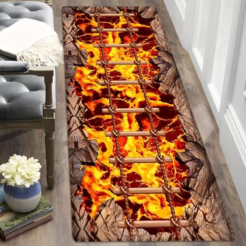 Luyemci Volcanic Lava Runner Rugs, 60x120cm, Thrilling Single-Plank Bridge 3D Floor Mat, Fade Resistant Durable High Traffic Rug, Cozy Thin Low Pile Carpets for Entryway Kitchen Bedroom