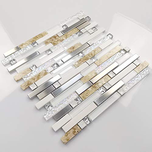 Bathroom Wall Mosaic Tiles White Stone Tile Backsplash Iridescent Stainless Steel Kitchen Conch Subway Materials [Pack Of 11Pcs(12.4X11.8X0.31 Inches/Each)] #TOP1