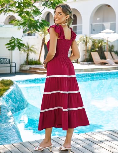 Image of Kate Kasin Womens 2025 Summer Casual Dress Sleeveless Square Neck Smocked Ruffle Boho Flowy Maxi Beach Sundress