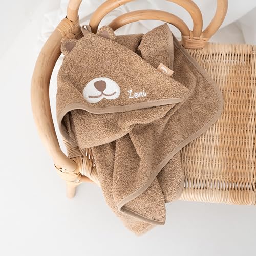wunderwunsch Jollein Kapuzenhandtuch Baby als Geschenk zur Geburt, personalisiert mit Wunschnamen, Babyhandtuch, Babytuch, Bademantel für Babies, individualisiert mit Namen (Bär, mit Name)