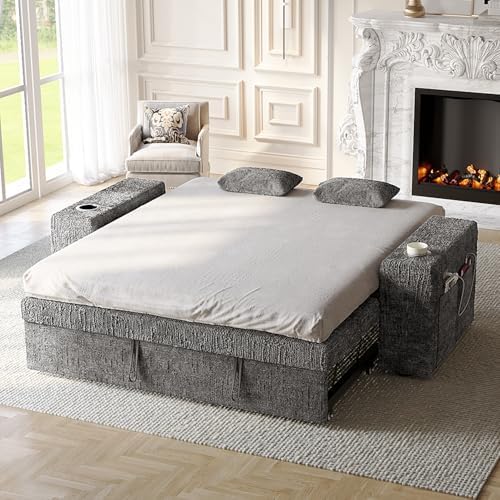 63 Inch Sleeper Sofa Bed, 4 in 1 Pull Out Couch Bed with Adjustable Backrest, Small Loveseat with Wide Armrest | USB Charging | Side Pockets | Cup Holders | Tool Free Assembly, Grey Chenille - Thumbnail 4