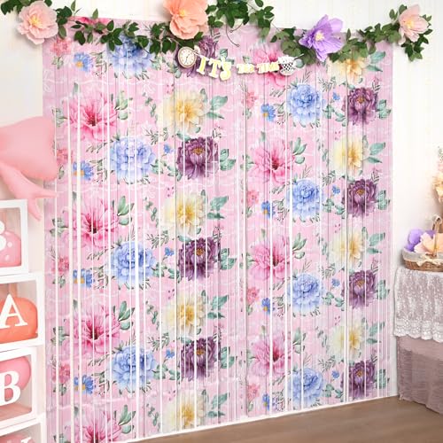 Bupelo Tea Party Decorations 2 Pack Flower Floral Party Decor, 3.3x6.6ft Easter Spring Garden Foil Fringe Curtains for Afternoon Tea Birthday Wedding Wonderland Vintage Photo Backdrop for Girls Women