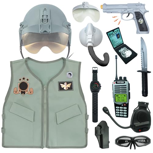 RedCrab Pilot Costume for Kids 11pcs Dress Up Role Play Set with Helmet Halloween Party Cosplay Supplies for 3-12 Years Old
