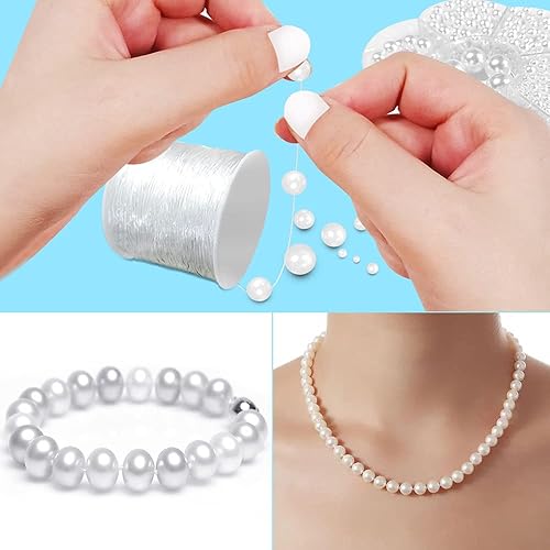 Miniatura 5 de SourceTon Perlas redondas blancas con cordón elástico para pulsera, cuerda elástica transparente de 0.039 pulgadas y perlas sueltas de 0.039