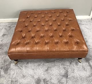 Extra Large Genuine Leather Chesterfield Footstool - Deep Buttoned Ottoman - Pull Up Leather Coffee Table