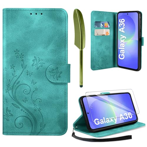 AROYI Lederhülle Kompatibel mit Samsung Galaxy A37 5G Hülle und Schutzfolie, Flip Wallet Handyhülle PU Leder Case Kartensteckplätzen Schutzhülle Kompatibel mit Samsung Galaxy A37 5G Dunkel Blau