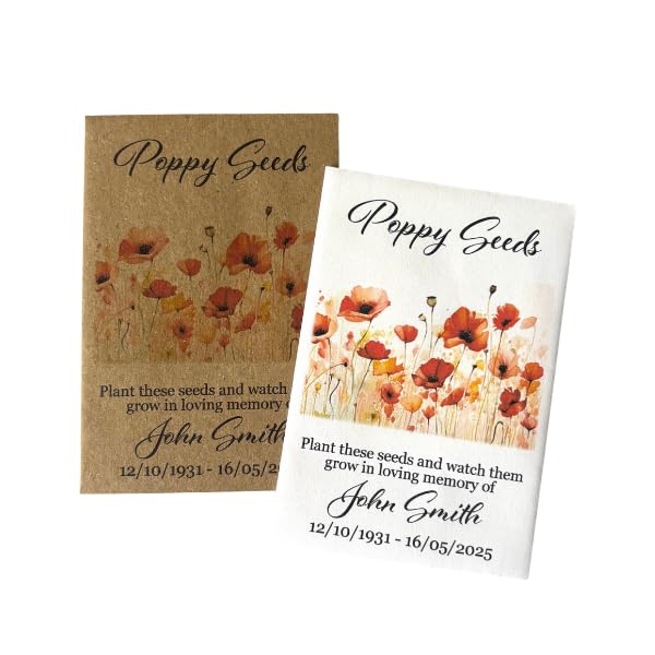 Personalised Memorial Poppy Seeds Packet, Funeral Remembrance Favours with Custom Name and Dates, Pack of 10 Favours (Poppy Watercolour Row)