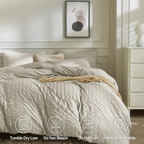 Image of JELLYMONI Beige Duvet Cover Queen Size, 3pcs Washed Microfiber Bedding Set, Soft Breathable Seersucker Duvet Cover Set with Zipper Closure and Corner Ties for All Seasons