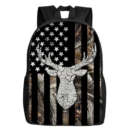 UIACOM Mochila escolar de veado com bandeira americana de caça camuflada de veado para adolescentes, crianças, meninos, meninas, bolsa escolar grande, universitária, ensino médio, mochila casual de