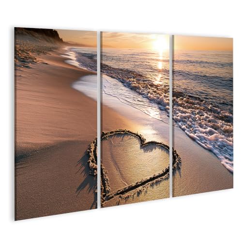 Tableau sur toile cœur dans le sable triptyque pour une décoration de salon romantique