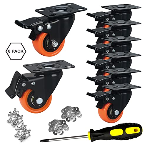 Image of 2 inch Caster Wheels Set of 8, Heavy Duty Casters with Brake, No Noise Locking Casters with Orange Polyurethane (PU) Wheels, Swivel Plate Castors Pack of 8