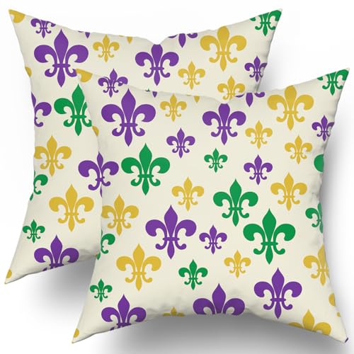 sorfbliss Mardi Gras Pillow Covers 18x18 Set of 2 Yellow Purple Green Beautiful Fleur De Lis Decorative Throw Pillow Cases Farmhouse Decoration for Sofa Couch Bed