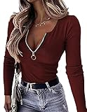 OwnTime Womens Sexy Tops Long Sleeve Henley Shirts Fitted Low Cut Tops Ribbed Zipper V Neck Cleavage Fall Shirts Blouses Burgundy L