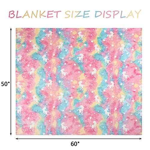 Glow In The Dark Throw Blanket, Luminous Unicorns Blanket For Boys Girls, Super Soft Fuzzy Plush Flannel Furry Fleece Blanket, Perfect For Bed Or Sofa, Personalized Kids Gifts (Rainbow, 50" X 60") #TOP6