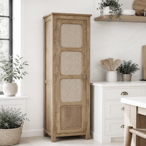 Image of The Attic Crestwood 1 Door Kitchen Cabinet, Multipurpose Cabinet for Bedroom Living Room Study bar, Solid Wood Bookshelf Kitchen Cabinet, Light Teak Matte Finish Cane
