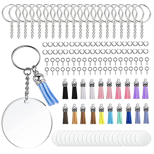 Xinghua Lot 140 porte-clés vierges en acrylique avec franges rondes transparentes en acrylique avec anneaux flexion, ronds et transparents en acrylique projets bricolage ou porte-clés DIY