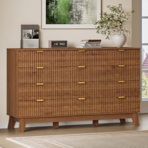 Image of BORNOON 57 inch Wide Dresser for Bedroom, 12-Drawer Fluted Dresser with Metal Handles, Wood Chest of Drawers with Smooth Slides and Stable Base, Storage Cabinet for Living Room, Nursery, Timeless Noir