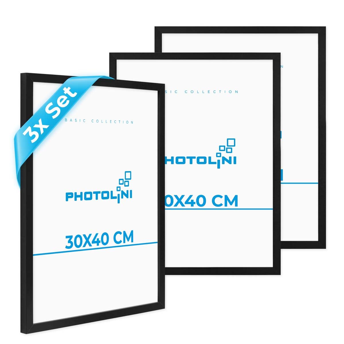 PHOTOLINI Marcos 30x40 cm negro madera MDF, set de 3 marcos para pósteres, cristal acrílico, para colgar, incluye accesorios - para fotos, láminas y pósteres